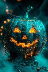 Aufkleber - Futuristic halloween pumpkin glowing with orange lights on circuit board, celebrating halloween with technology and innovation