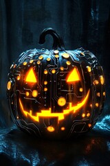 Aufkleber - Halloween pumpkin carved with circuit board design, glowing in the dark