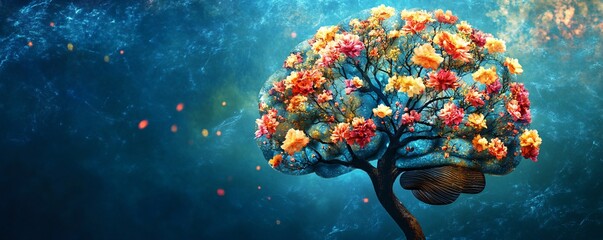Poster - Surreal image of a colorful tree growing inside a human brain, representing mental health awareness and the power of thoughts