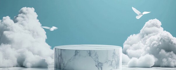 Poster - Empty marble podium displaying with birds flying over clouds on a blue background