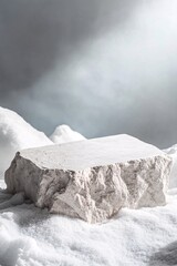 Poster - Snow-covered empty stone podium with cloudy sky background, perfect for winter or christmas product display