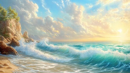 Wall Mural - Tranquil sea shore with vibrant turquoise waves crashing onto golden sandy beach under a bright sunny sky with fluffy white clouds at sunset.