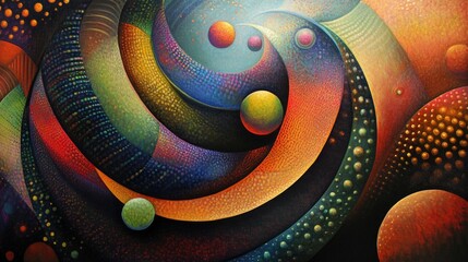 Poster - Colorful abstract oil painting depicting swirling patterns, vibrant planets, and textured elements in shades of blue, orange, green, and yellow capturing cosmic vibes.