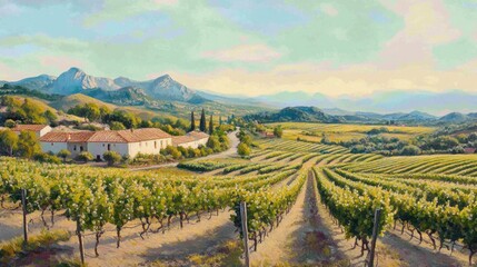 Wall Mural - Breathtaking vineyard landscape in Villarrobledo Spain featuring lush green rows of white and Muscat grapes under a vibrant blue sky with distant mountains