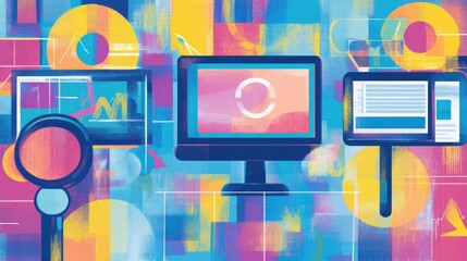 Poster - Digital Illustration of Internet Searching Concept with Vibrant Blue and Yellow Colors Featuring Monitors and a Magnifying Glass in Abstract Design
