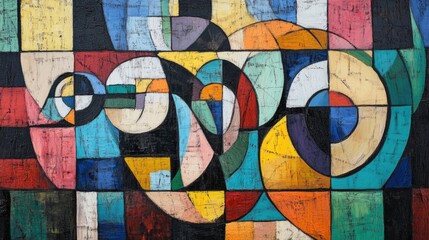 Wall Mural - vibrant abstract oil painting featuring an array of colorful geometric shapes and circular forms in a bold and dynamic composition