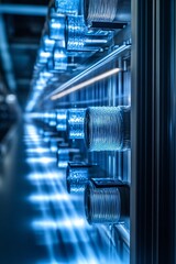Leinwandbilder - Vertical storage of multiple wire spools in a modern factory, illuminated by blue light