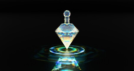 Magic potion in a polygonal bottle. Diffraction of light and caustics. 3D rendering.