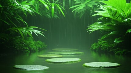 Canvas Print - Serene Rainforest Stepping Stones Rain Peaceful Oasis