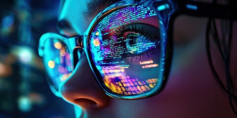 Close-up of female eyes wearing glasses, highlighting intricate data patterns.