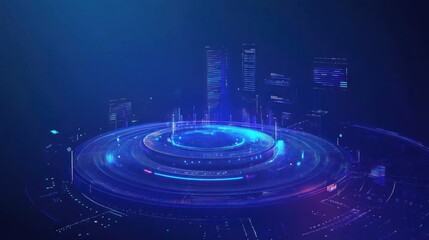 Poster - glowing platform with data screens above in a futuristic blue setting for tech design