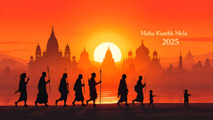 Illustration of silhouette of devotees walking to Mahakumbh 2025 religious gathering on sunset sky background, Kumbh Mela Prayagraj Uttarpradesh.