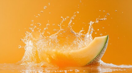 Poster - Energizing image of a water-splashed slice of melon set against a vibrant orange backdrop