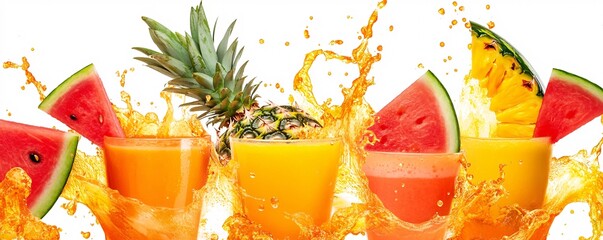 Poster - Glasses of fresh juice with slices of pineapple and watermelon splashing on white background