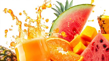 Poster - Refreshing image featuring a glass of fruit juice splashing with sliced watermelon, pineapple, mango and orange