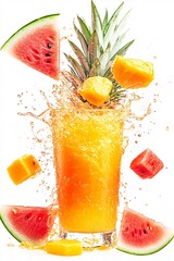 Poster - Delicious pineapple, mango, and watermelon fruit cocktail being freshly prepared