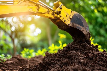 Yellow Excavator Digging Soil in Lush Green Nature Sunlight