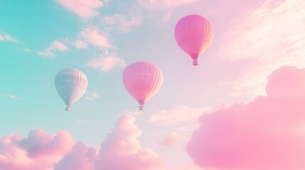  Pastel hot air balloons soar in a dreamy sunrise sky; idyllic travel poster