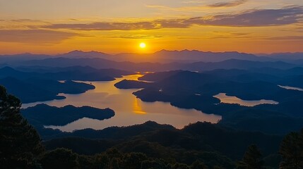 Canvas Print - Serene Sunset Over Mountain Lake and Ranges