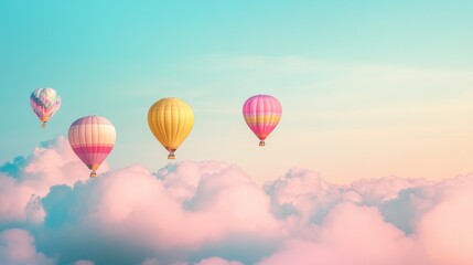  Colorful hot air balloons soar above pastel clouds at sunrise; travel, freedom concept