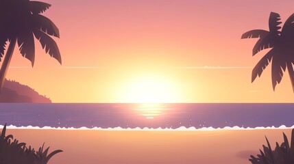 Canvas Print - Serene Tropical Sunset Beach Scene Illustration