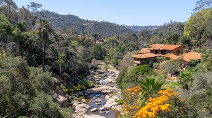 Canvas Print - Serene Valley Estate Home with River and Lush Greenery