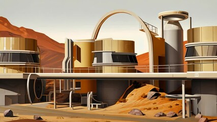 Poster - Retro futuristic architecture in sci-fi scene on the desert planet. Alien landscape with nostalgic retro future constructions
