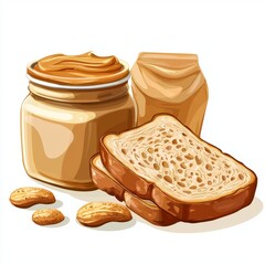 Wall Mural - Delicious Peanut Butter Jar with Slices of Bread and Crunchy Cookies on a Light Background