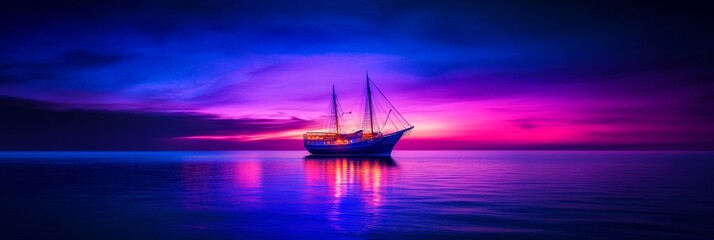 Wall Mural - nightfall voyage: a serene ship at sunset - a lone ship sails on tranquil waters, under a vibrant su