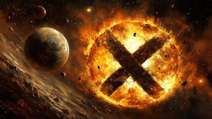Wall Mural - Fiery Cosmic Explosion with X Symbol and Planets