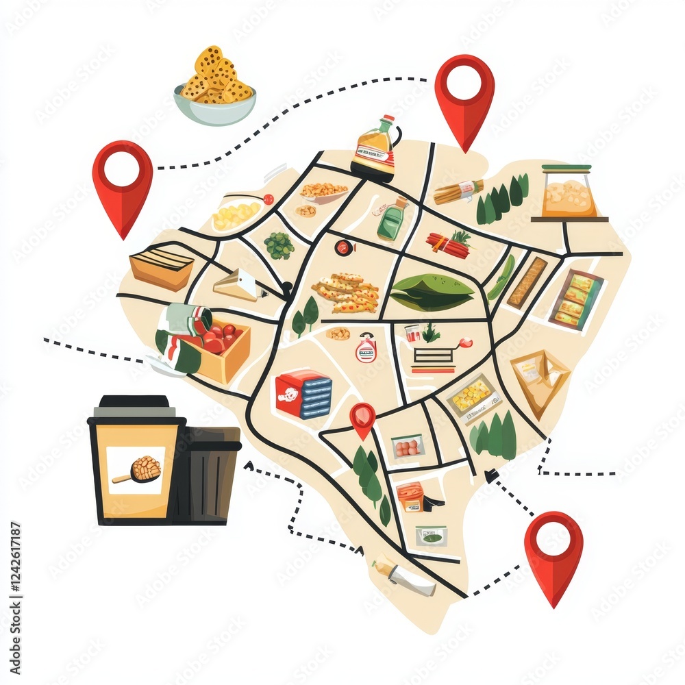 Colorful Illustrated Food Map with Icons and Markers Representing ...