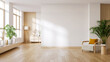 © LEKSTOCK 3D - Modern  mid-century interior living room with white armchair  and wooden floor on white wall .3drender