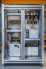 Poster - Testing industrial machinery: open electrical cabinet with high voltage parts and orange and black wires in factory setting