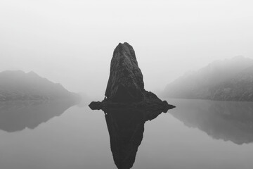 Canvas Print - A solitary rock stands in a misty lake, reflecting its form in the still water, amidst fog-shrouded mountains.