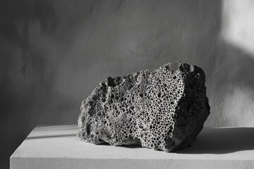 A porous, dark gray stone rests on a light gray surface, illuminated by dramatic light.