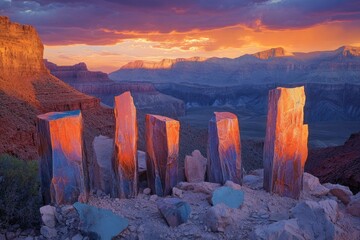 Canvas Print - Sunset illuminates tall, slender rock formations in a dramatic canyon landscape.