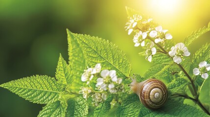 Wall Mural - Snail Crawling on Green Leaves and Blossoms in Sunlight