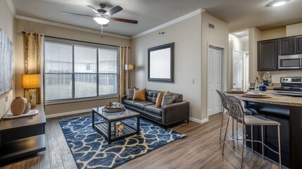 Sticker - Cozy and modern apartment living room with a blank picture frame centered above a coffee table.