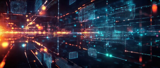 Poster - Abstract digital landscape with glowing data streams and grids