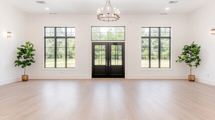 Canvas Print - Spacious Modern Room with Large Windows and Black Doors