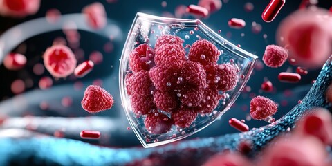 Poster - futuristic immunity concept featuring vibrant cells and protective shield digital art abstract envir