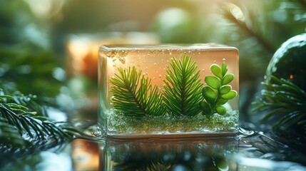 Poster - Enchanted Winter Cube: A Miniature Evergreen Forest Preserved in Crystal Clear Resin, Perfect for Festive Decor and Unique Gift