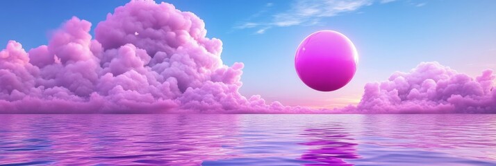 Wall Mural - pink orb over purple cloudscape - serene dreamscape, purple clouds, glowing pink orb, calm ocean, et