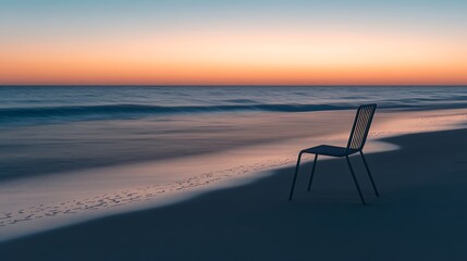 Wall Mural - A calm beachside evening with a lone chair facing the horizon and soft waves gently lapping the shore
