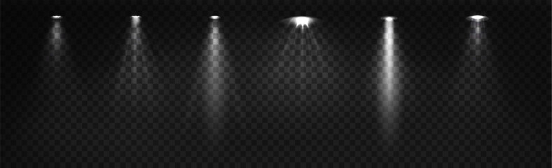 Poster - spotlight beam set on transparent background - bright illuminated rays shining from ceiling lamps, v