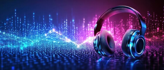Poster - Vibrant headphones with sound waves in a colorful background