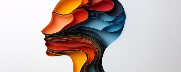 Poster - Colorful paper strips forming a human head profile on a white background, representing thoughts, emotions, and the complexity of the human mind