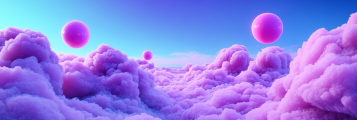 Wall Mural - purple cloudscape dream - surreal landscape of fluffy purple clouds and vibrant pink spheres floatin