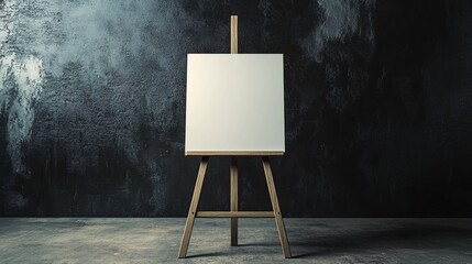 Poster - Wooden easel with blank canvas set against dark grungy wall, providing copy space