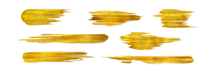 Poster - Gold foil brush strokes set with metallic shimmering texture. Painted rough horizontal lines for luxury decorative design elements. Abstract glowing textured yellow swipes on white background.